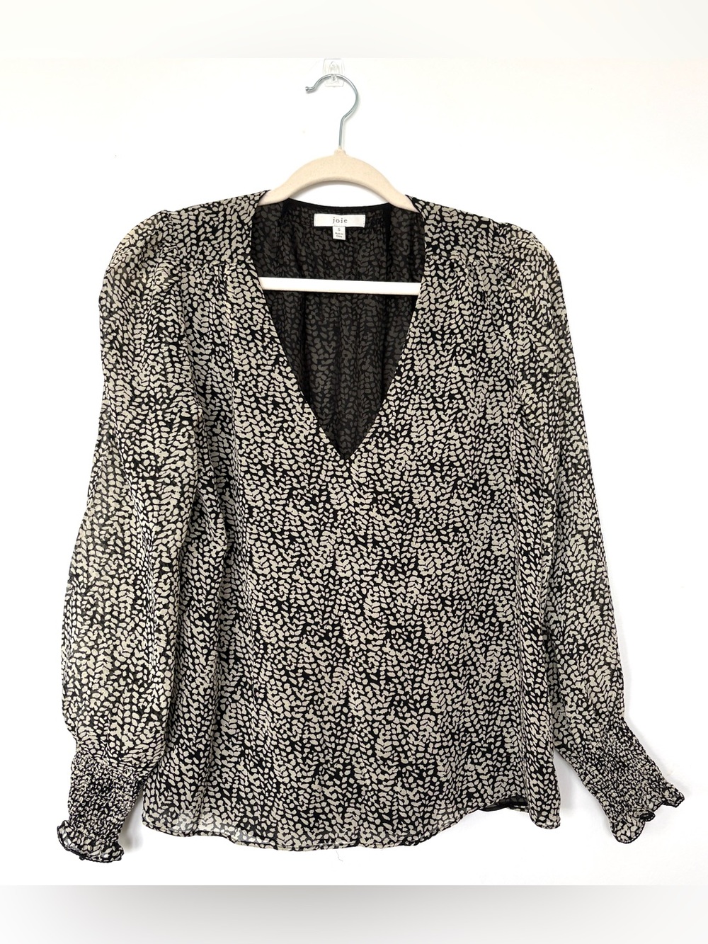 Joie Silk Black and Cream V-Neck Printed Long-Sleeve Blouse